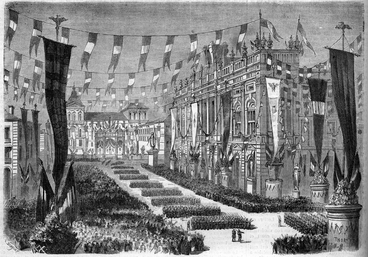 Unificazione italiana, Torino, 2 aprile 1860: decorazione di Piazza Castello in occasione dell