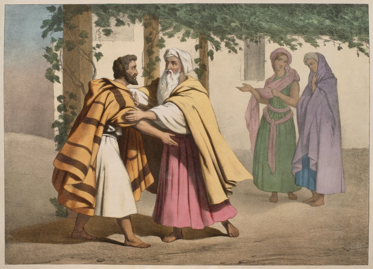 Giacobbe con Labano e le sue figlie, illustrazione da un catechismo L