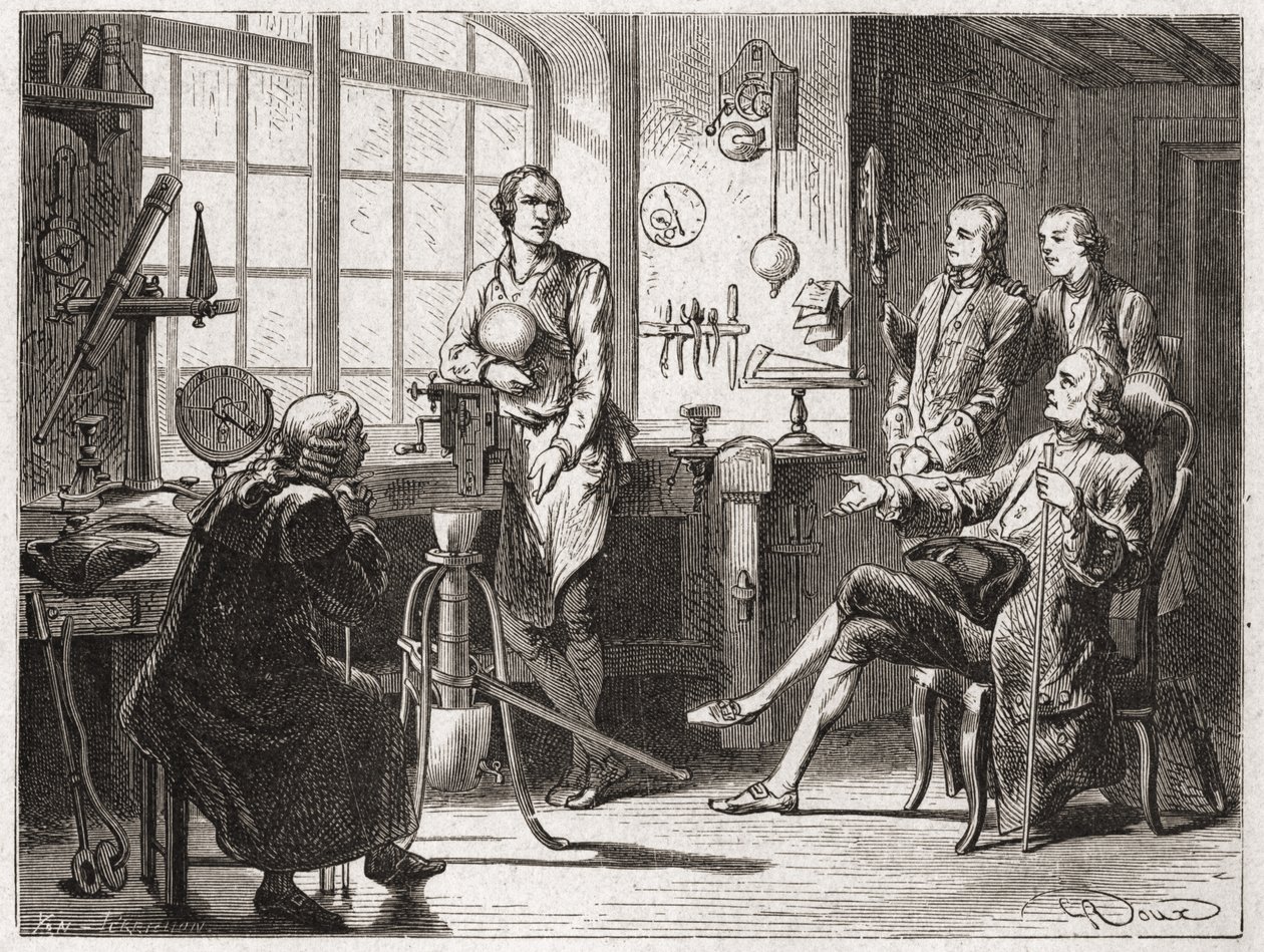 James Watt (inventore della macchina a vapore nel 1769) nel suo negozio di Glasgow - in "Album della Scienza; illustri scienziati; Grandi scoperte" 1896. da French School
