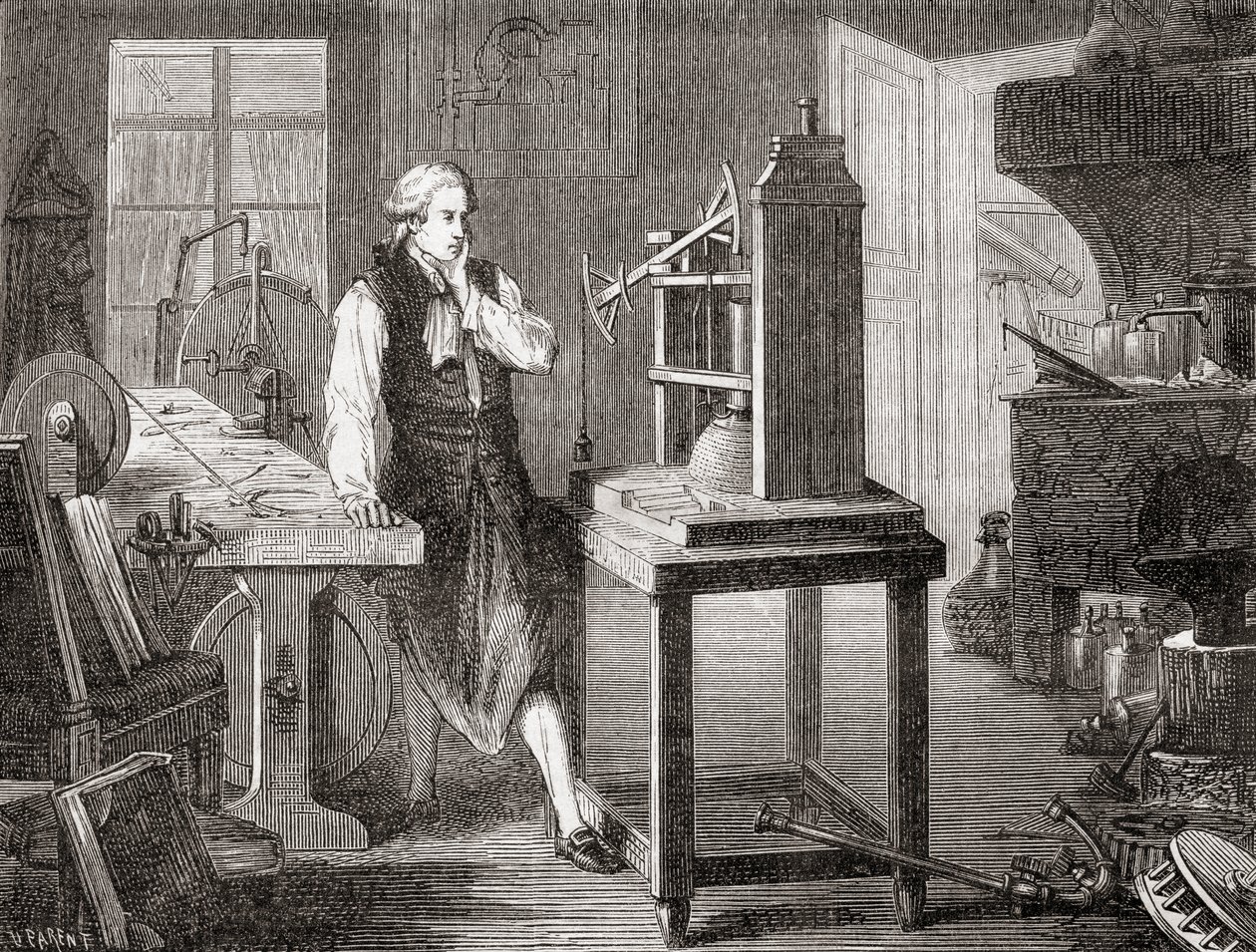 James Watt nel suo laboratorio di Glasgow migliora il motore a vapore di Thomas Newcomen del 1712 con il suo motore a vapore Watt nel 1781, da Les Merveilles de la Science, pub.1870 da French School