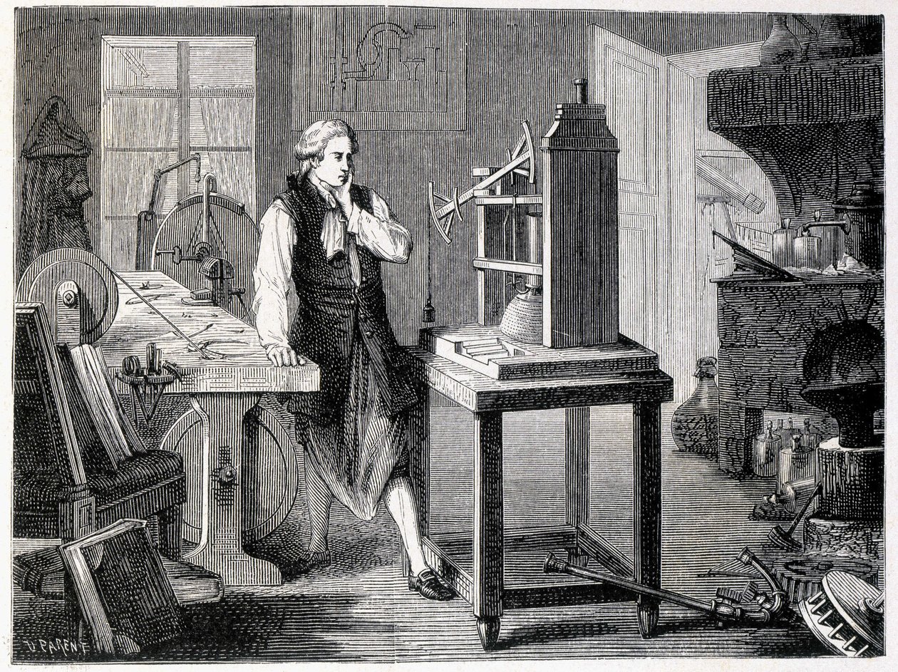 James Watt che studia il perfezionamento della macchina di Newcomen (1767) - in 