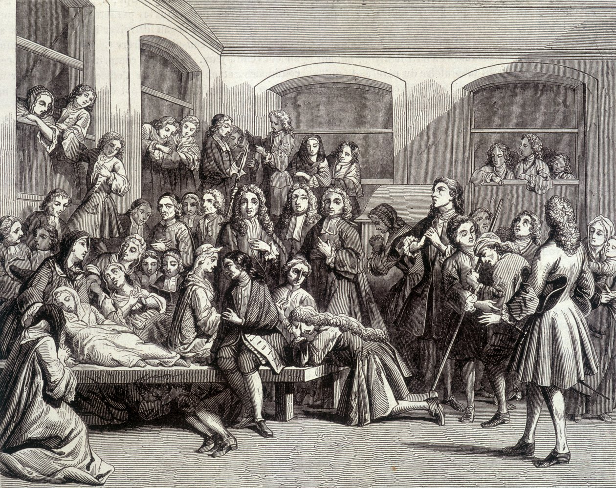 Giansenismo: i convulsionari del cimitero Saint-Médard sulla tomba del diacono Parìs (1690 - 1727) dove si verificarono "miracoli". Stampa del XVIII secolo da French School