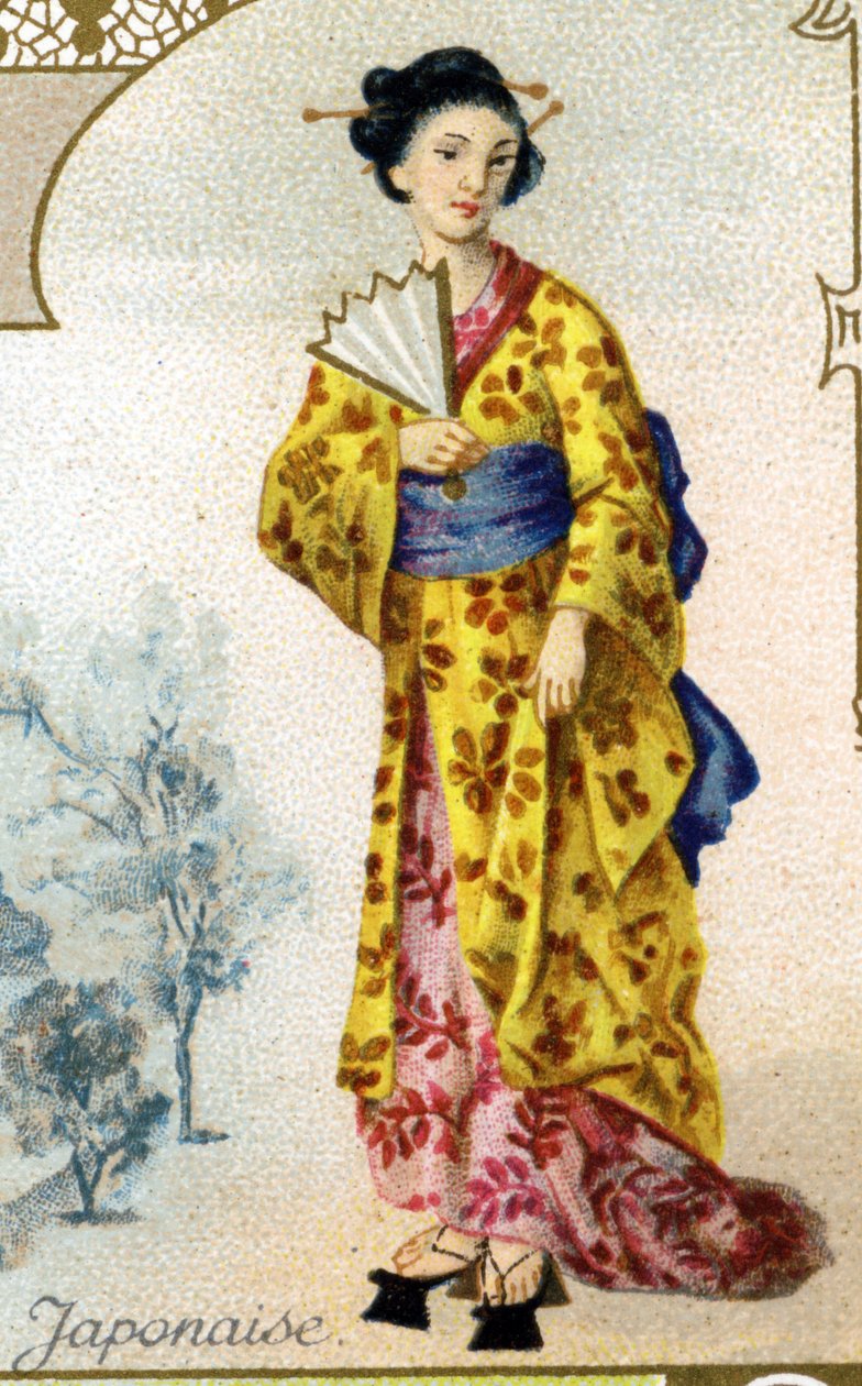 Donna giapponese. Edizione della litografia parigina, fine XIX secolo. Serie di 25 cromolitografie pubblicitarie per la fabbrica di biscotti Pernot di Digione, creata nel 1869. (dettaglio) da French School