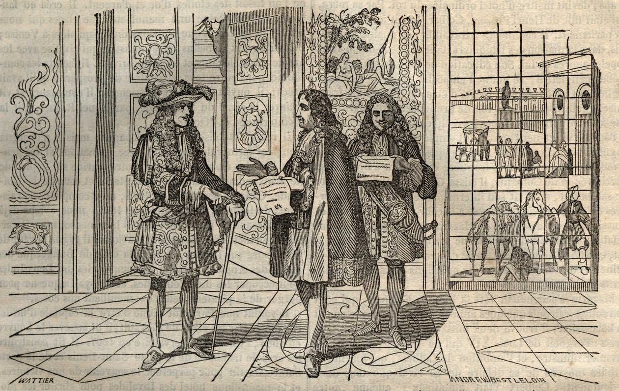 Jean Baptiste Colbert (1619-1683) in una riunione con il re Luigi XIV e François Louvois (1641-1691) a Versailles - incisione dopo Leclerc da French School