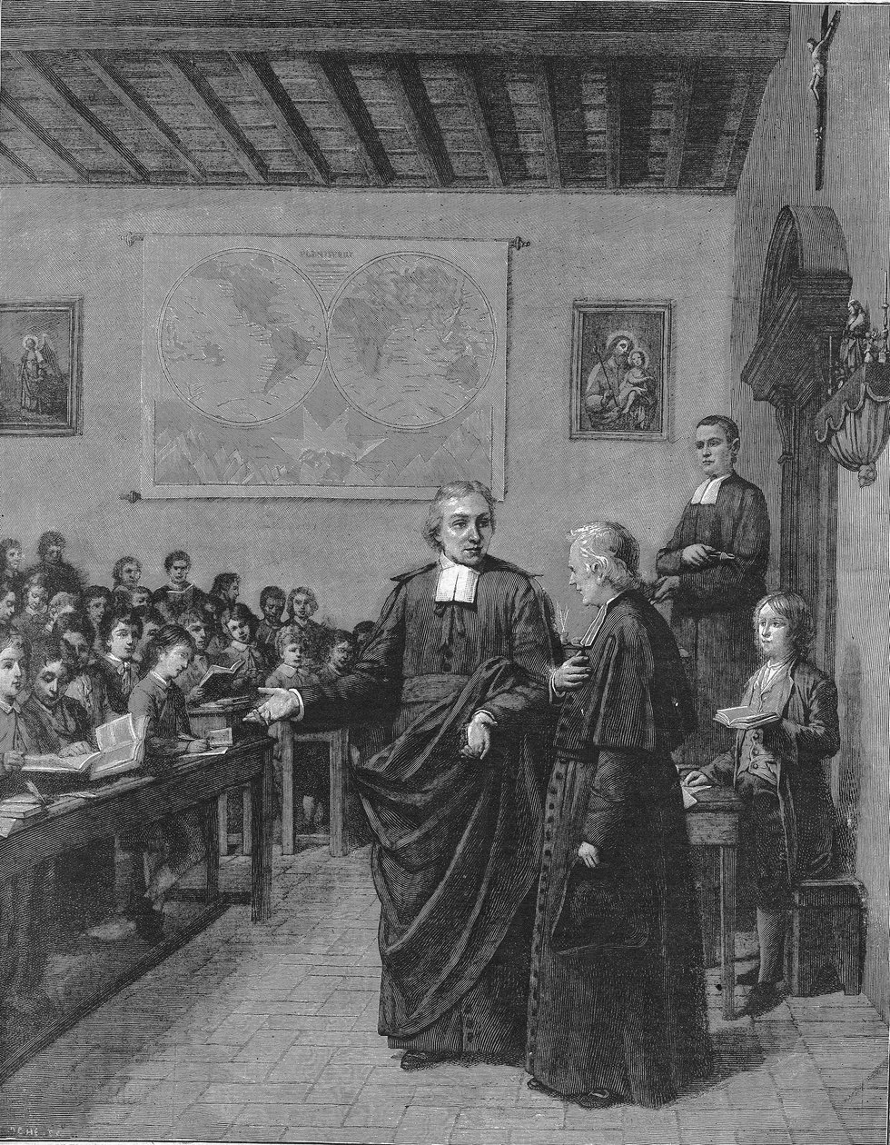 Jean Baptiste De La Salle (1651-1719) religioso francese, fondatore della congregazione dei Fratelli delle Scuole Cristiane, che mostra una delle sue scuole a M. de La Chétardie. Incisione della fine del XIX secolo da French School