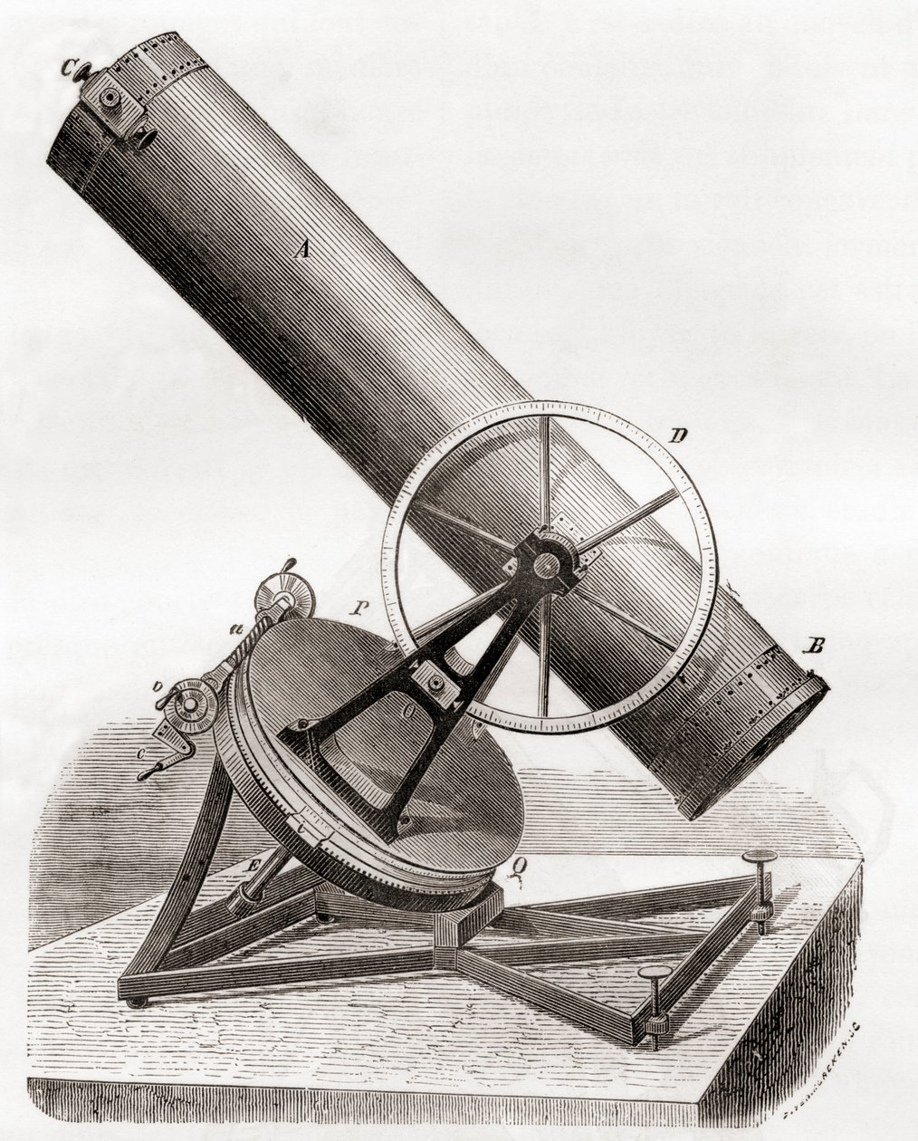 Specchio del telescopio riflettore equatoriale di Jean Bernard Léon Foucault, da un disegno del XIX secolo, da Les Merveilles de la Science, pubblicato c.1870 da French School
