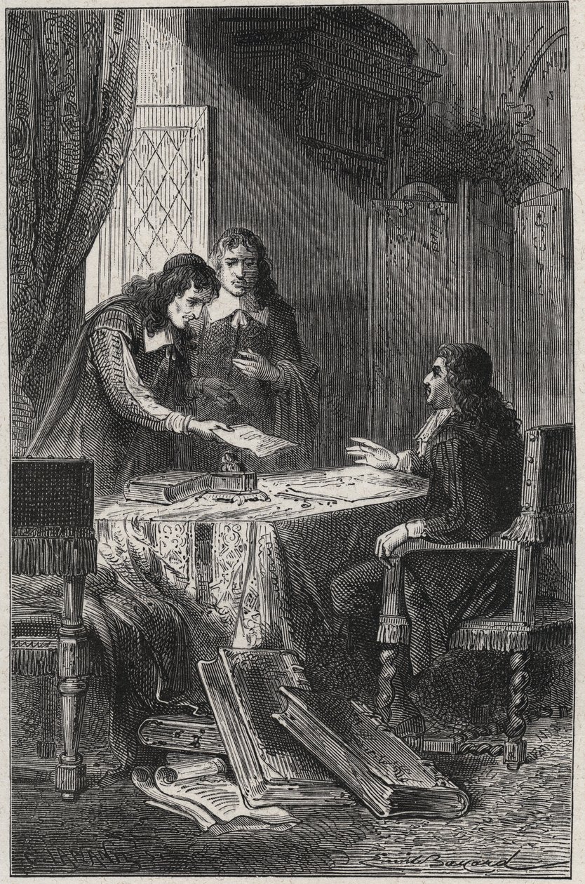 Jean Chapelain (1595-1674) poeta e critico letterario francese e Pierre Costar (1603-1660) consegnano a Jean Baptiste Colbert (1619-1683) una lista di scrittori meritevoli di pensione dal re - incisione in "Les Hommes Celebres de la France" di Louis Dumas da French School