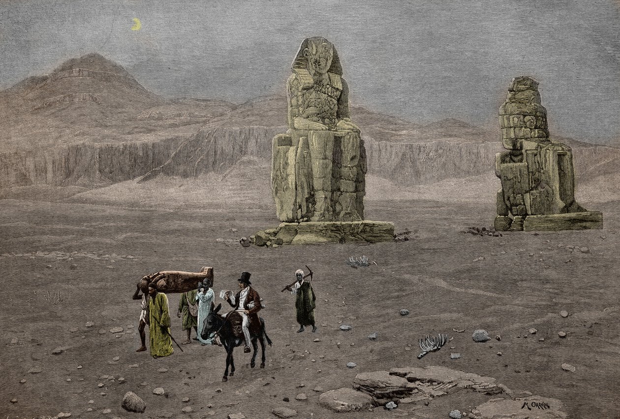 Jean Francois Champollion ai Colossi di Memnon, Egitto (incisione) da French School