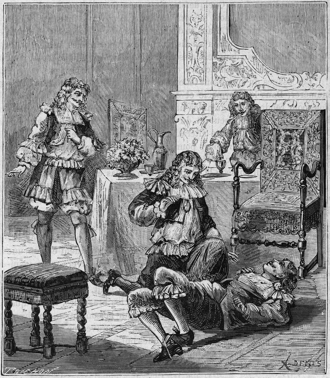 Jean de Santeul (1630-1697) avvelenato con un bicchiere di vino in cui era stato messo tabacco dalla Spagna - incisione in 