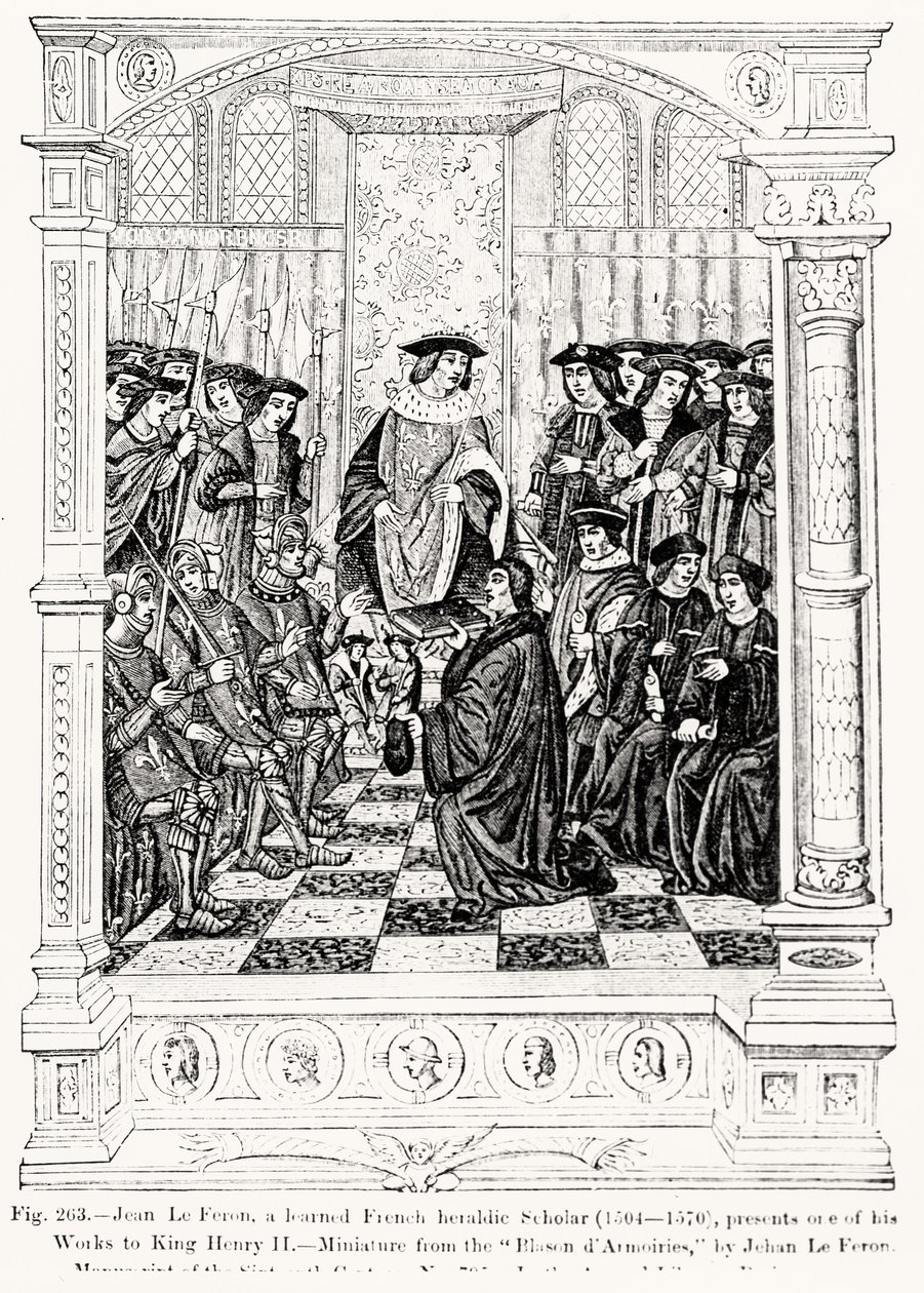 Jean le Feron (1504-70) presenta una delle sue opere al re Enrico II (1519-89) da Blason d
