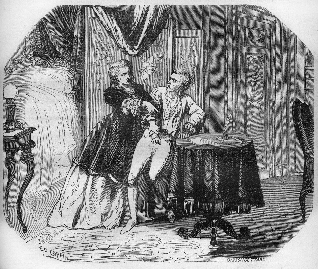 Jeanne Agnes Berthelot de Plemont, marchesa de Pré, obbliga il suo amante Luigi Enrico, duca di Borbone e principe di Condé, a nominare tutti i suoi ammiratori cavalieri dello Spirito Santo. Incisione da La storia della prostituzione e della depravazione t da French School