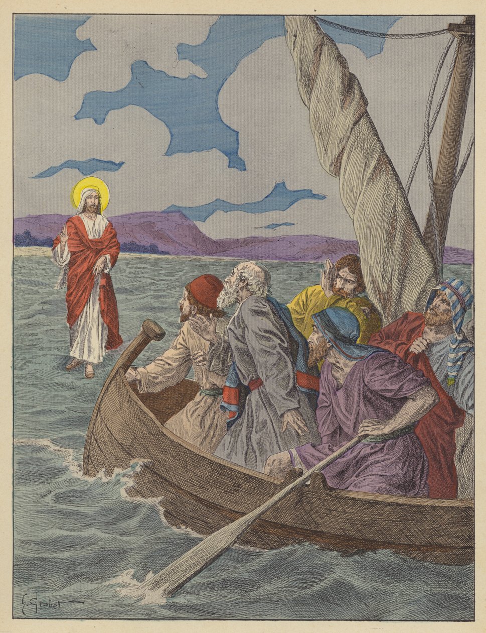 Gesù Cristo che cammina sulle acque (litografia a colori) da French School