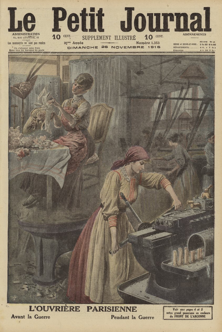 Lavori svolti dalle lavoratrici parigine prima e durante la Prima guerra mondiale (litografia a colori) da French School
