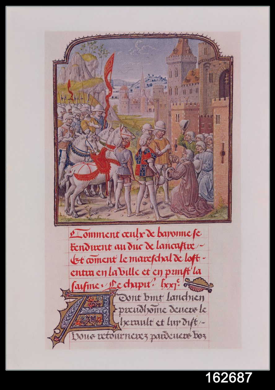 Giovanni di Gaunt accolto dai cittadini di Bayonne alle porte della città, dal Cronache di Froissart, fine XV secolo da French School