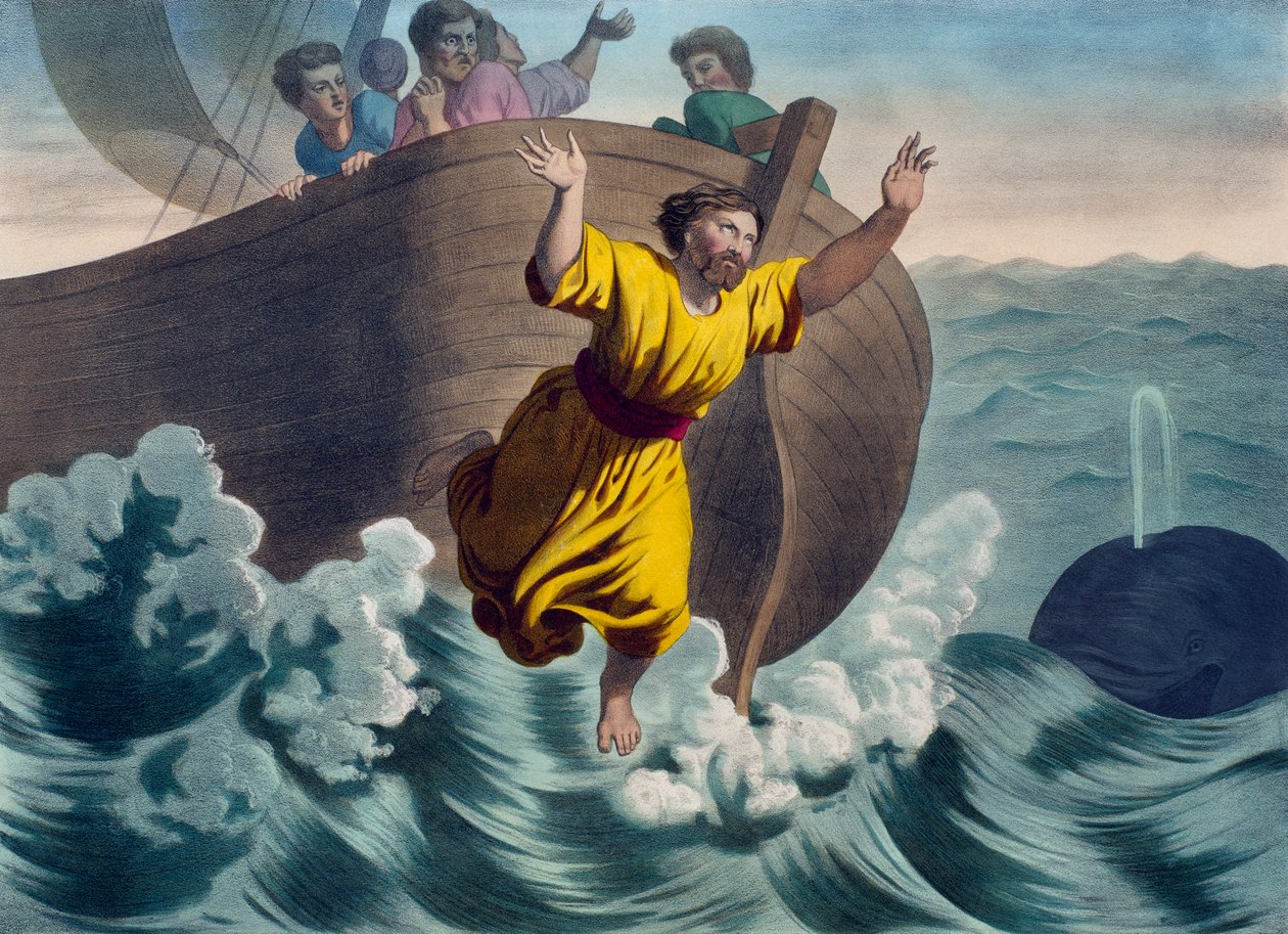 Giona gettato in mare, illustrazione da un catechismo L
