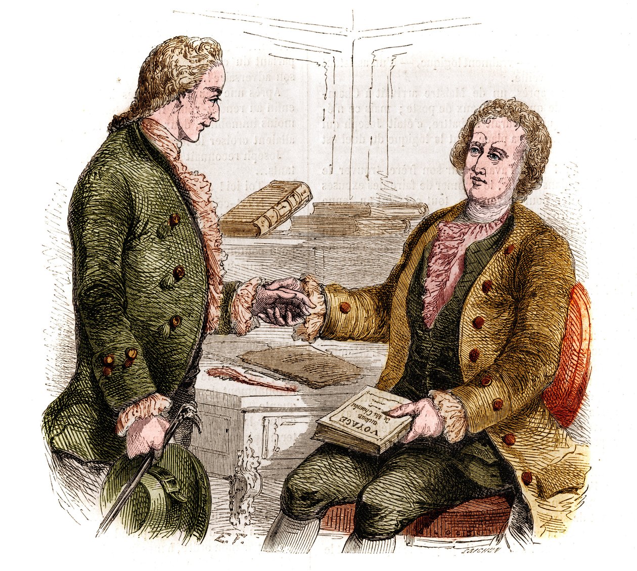 Joseph de Maistre (1753-1821), politico, scrittore e filosofo francese, e il Conte Xavier de Maistre (1763-1852), ufficiale e scrittore francese con la prima copia del "Viaggio intorno alla mia stanza". Disegno di foresta. Incisione del 1852 da French School