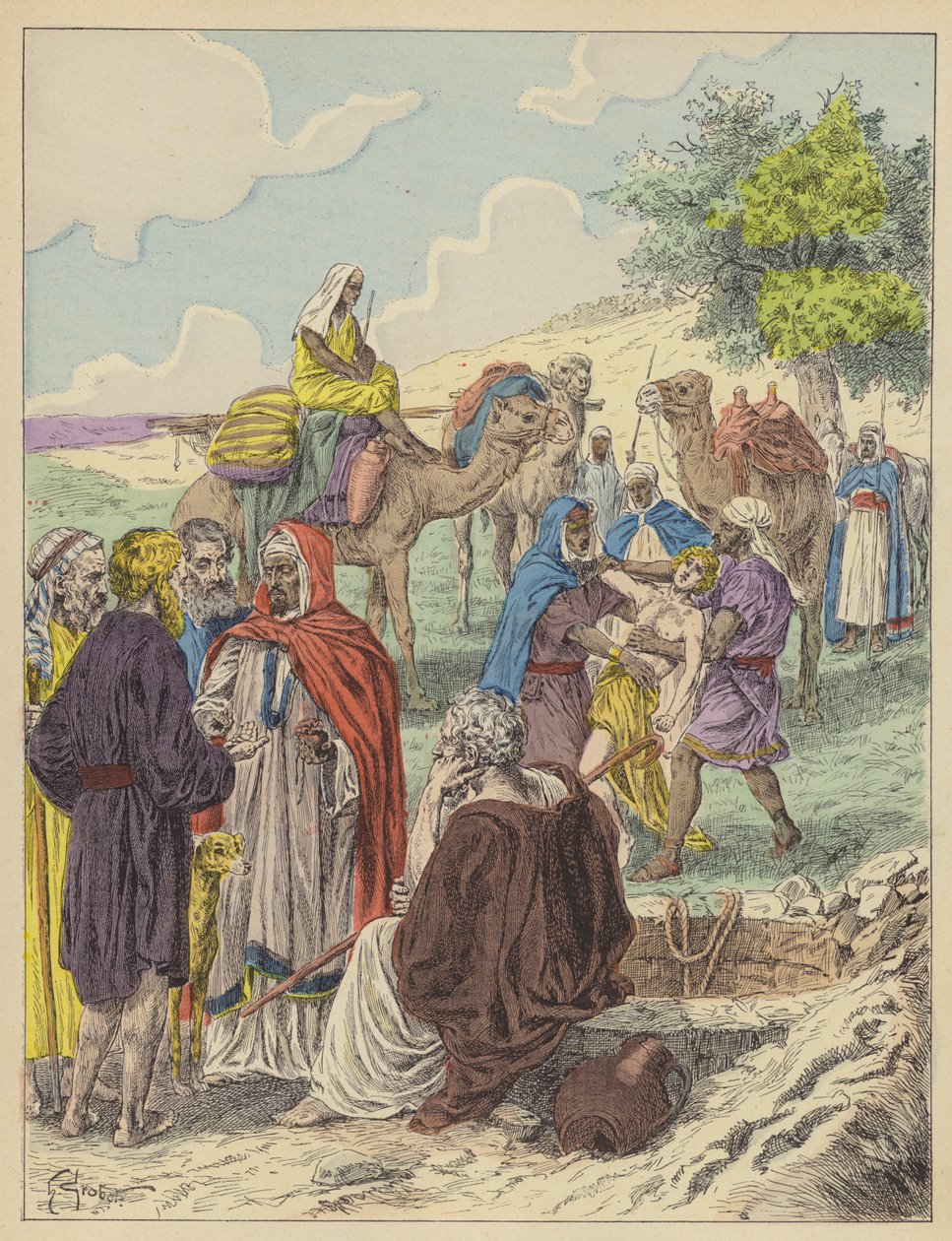 Giuseppe venduto dai fratelli (litografia a colori) da French School