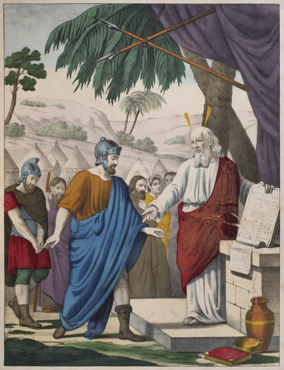 Giosuè nominato successore da Mosè, illustrazione da un catechismo L