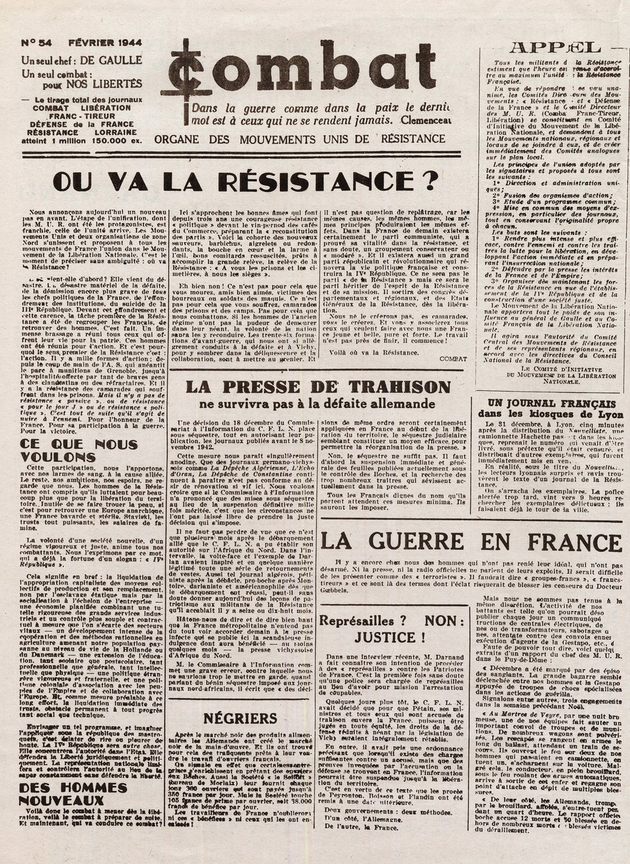Giornale COMBAT - numero 54 - febbraio 1944 - organo dei movimenti di resistenza uniti. (giornale clandestino) - Dove andrà la resistenza da French School