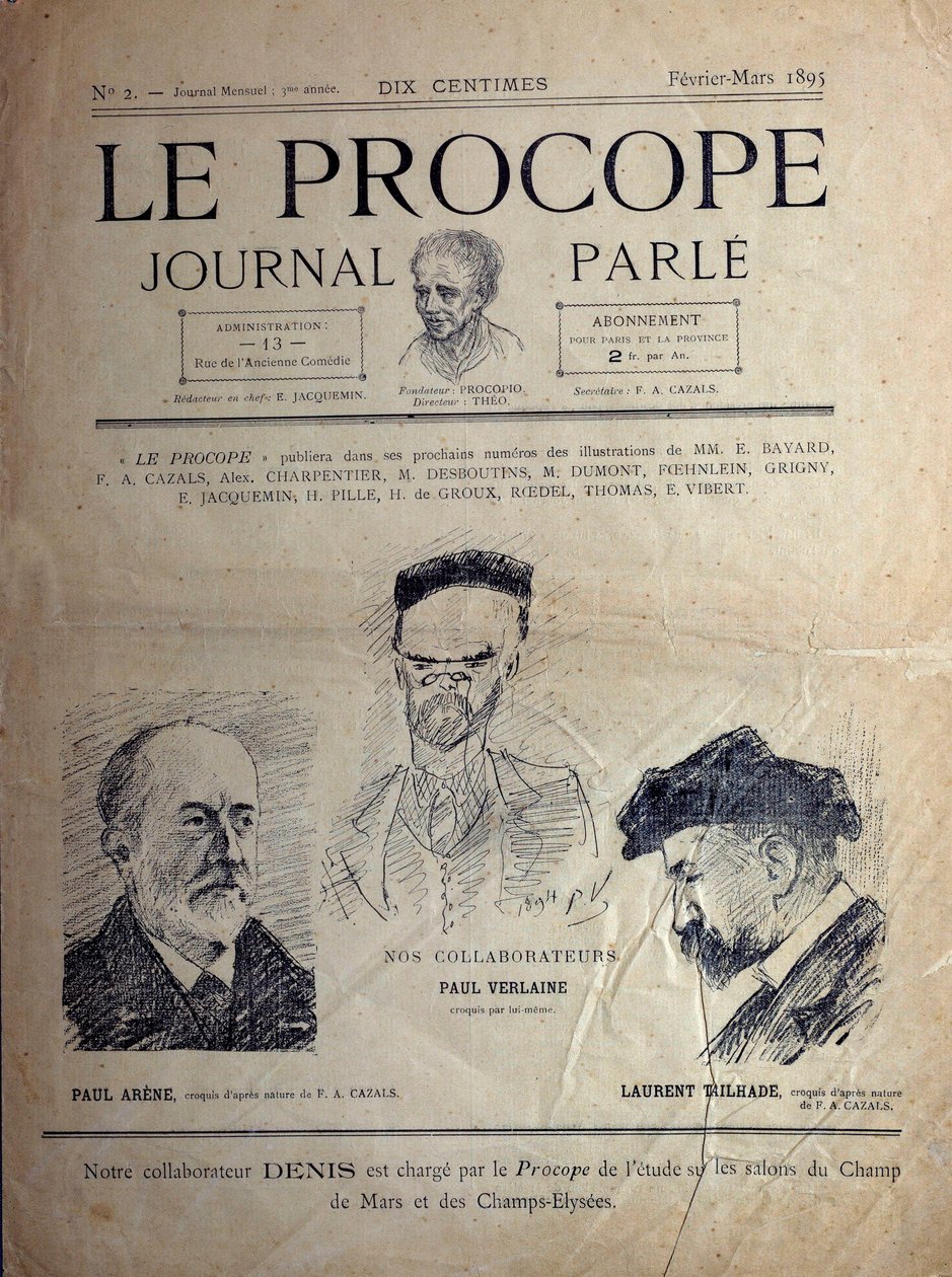 Ritratti dei poeti francesi Paul Verlaine, Paul Arene e Laurent Tailhade in un caffè parigino, febbraio 1895 da French School