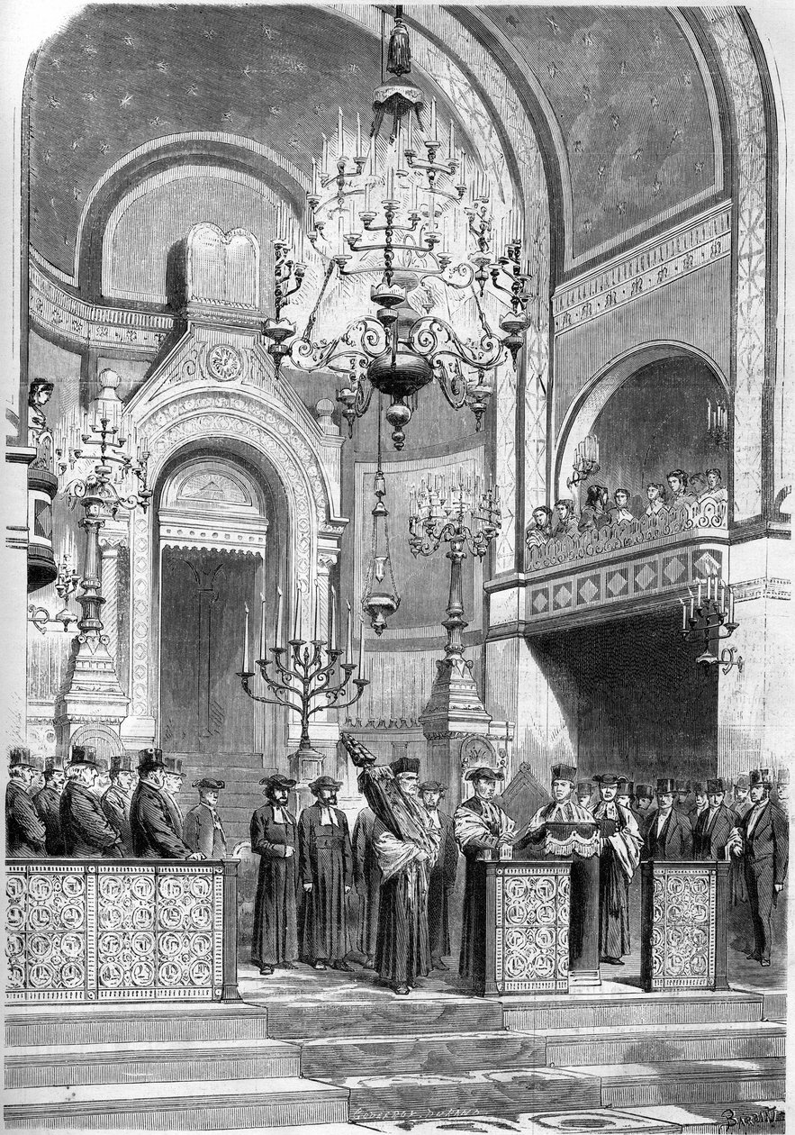 Giudaismo: ricevimento solenne del gran rabbino di Parigi, Zadoc Kahn (1839-1905), nella sinagoga di rue Notre Dame de Nazareth, il 13 gennaio 1869. Il gran rabbino intona la "Preghiera per l