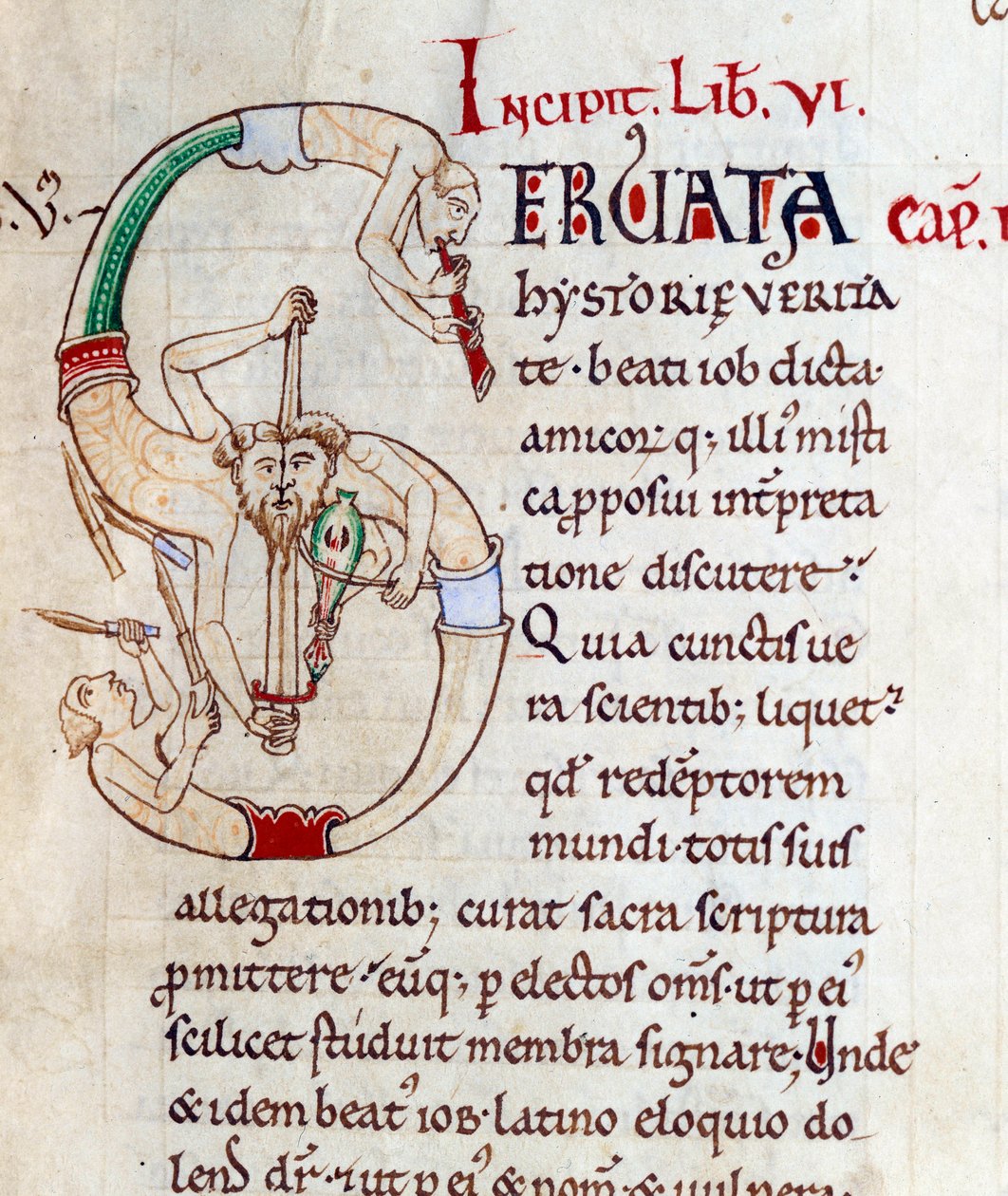 Giocolieri e musicisti - lettrine S (iniziale). Miniatura dal manoscritto "Moralia in Job", Morales sur Job di San Gregorio, dall