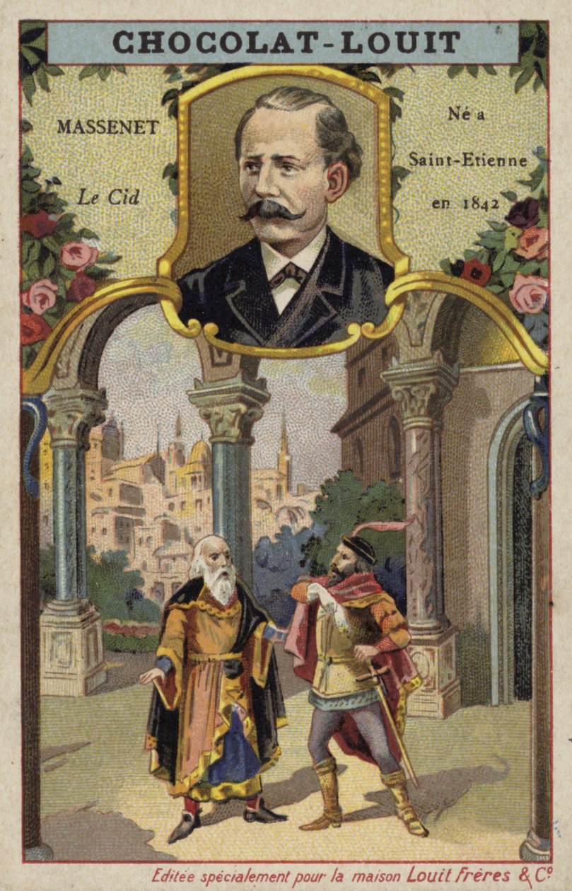 Jules Massenet, compositore francese, e una scena della sua opera Le Cid (cromolitografia) da French School