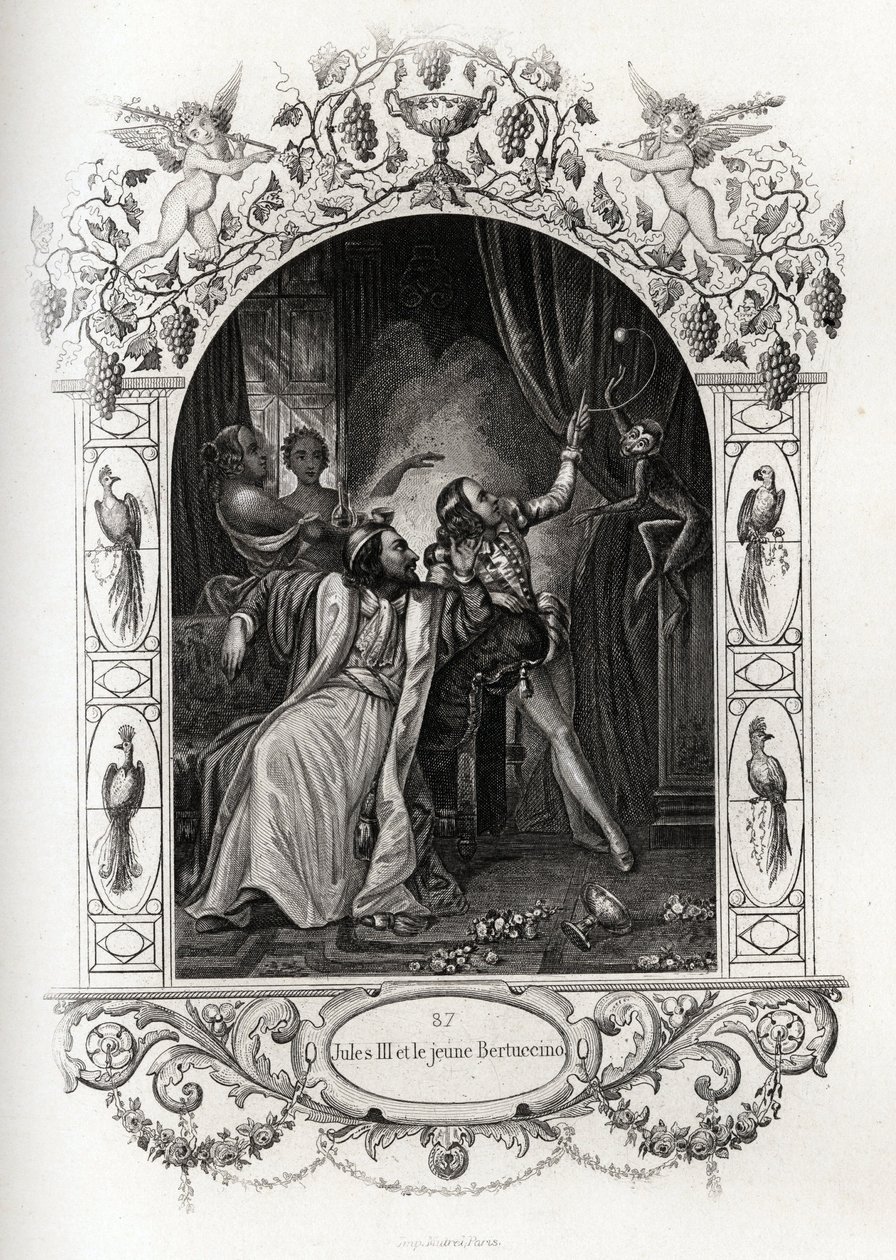 Giulio III (Giulio) (papa dal 1550 al 1555) e il giovane Bertuccino, lo spettacolo delle scimmie. Incisione per illustrare Histoire des popes di Maurice Lachatre (1814-1900), libreria del progresso, Parigi da French School