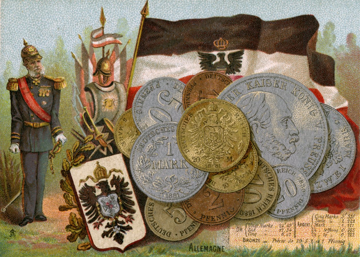 Kaiser Guglielmo I accanto alla bandiera del Regno di Prussia e una vetrina di marchi tedeschi, c.1890 da French School