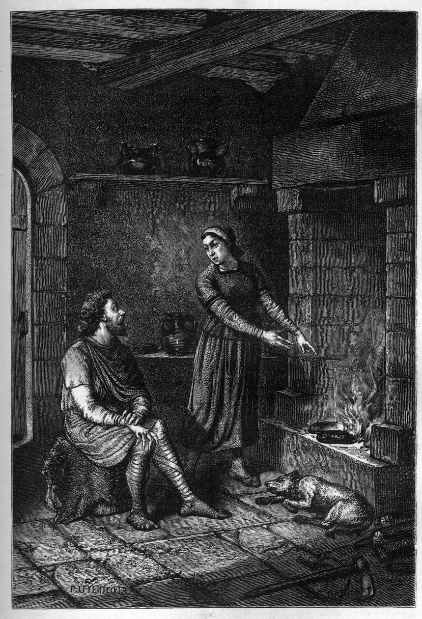 Re Alfredo il Grande (849-899) dimentica le torte preparate dalla casa danese sotto il suo tetto ad Athelney e le brucia, 878 (incisione) da French School