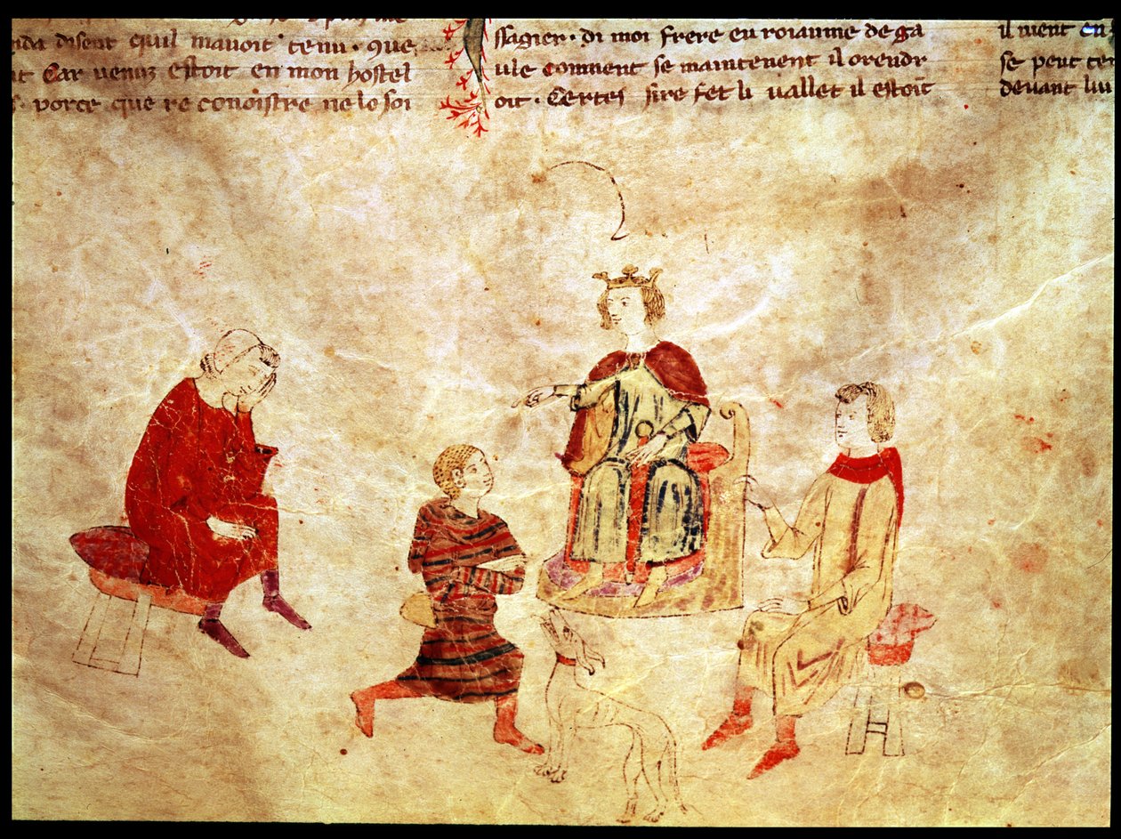 Re Artù sul suo trono circondato dai suoi consiglieri, dal Roman de Meliadus da French School