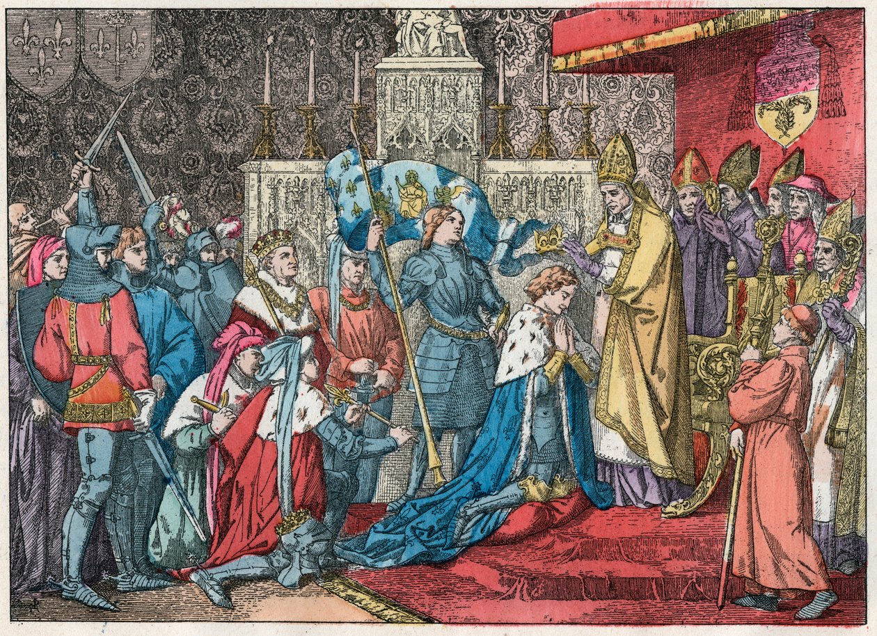 Il re Carlo VII (1403-1461) riceve la corona nella Cattedrale di Reims il 17/07/1429 alla presenza di Giovanna d