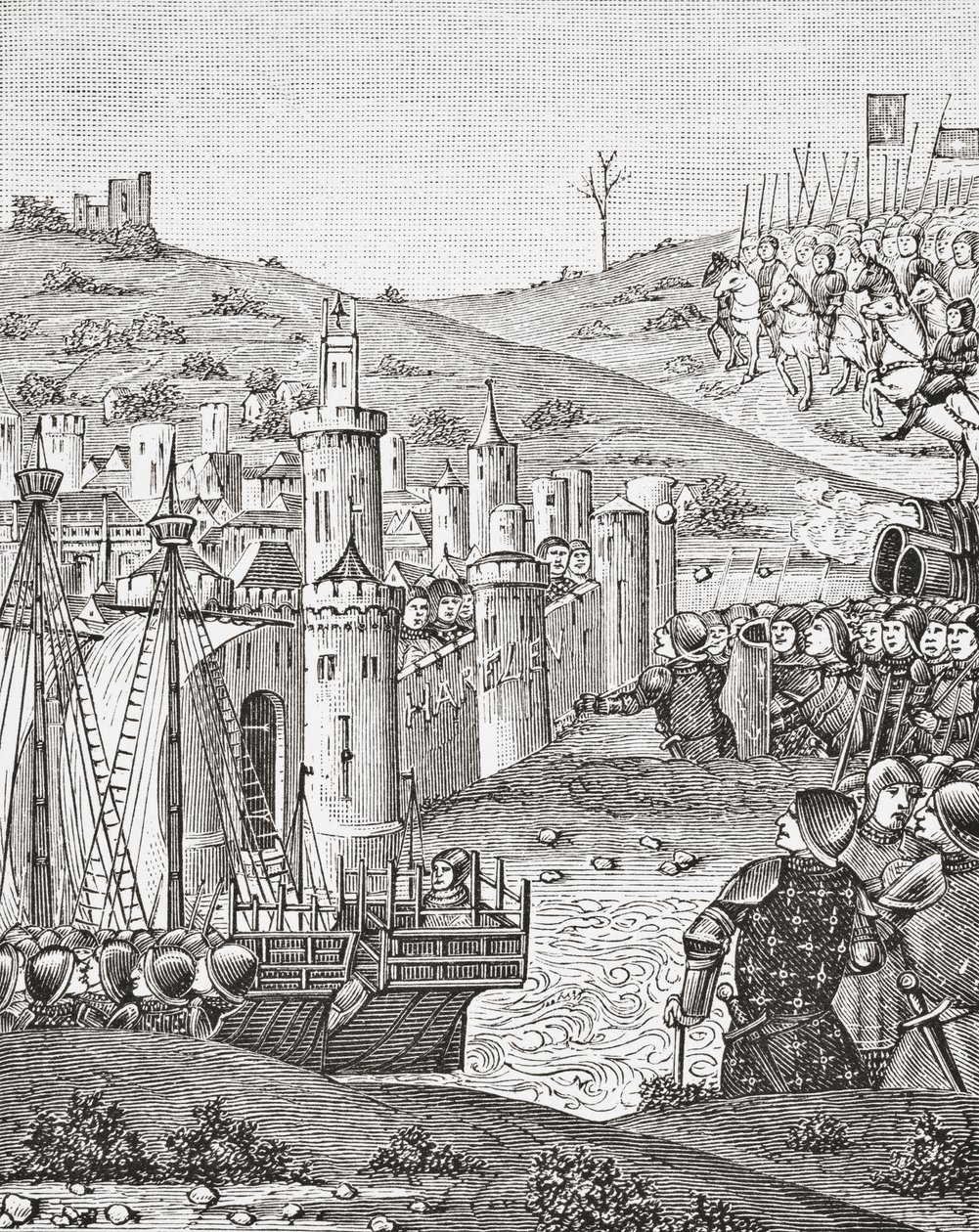 Re Carlo VII, lasciando Rouen, si prepara ad assediare la città di Harfleur, da una miniatura del manoscritto del XV secolo Chroniques de Monstrelet, da Scienza e Letteratura nel Medioevo di Paul Lacroix, pub. Londra 1878 da French School