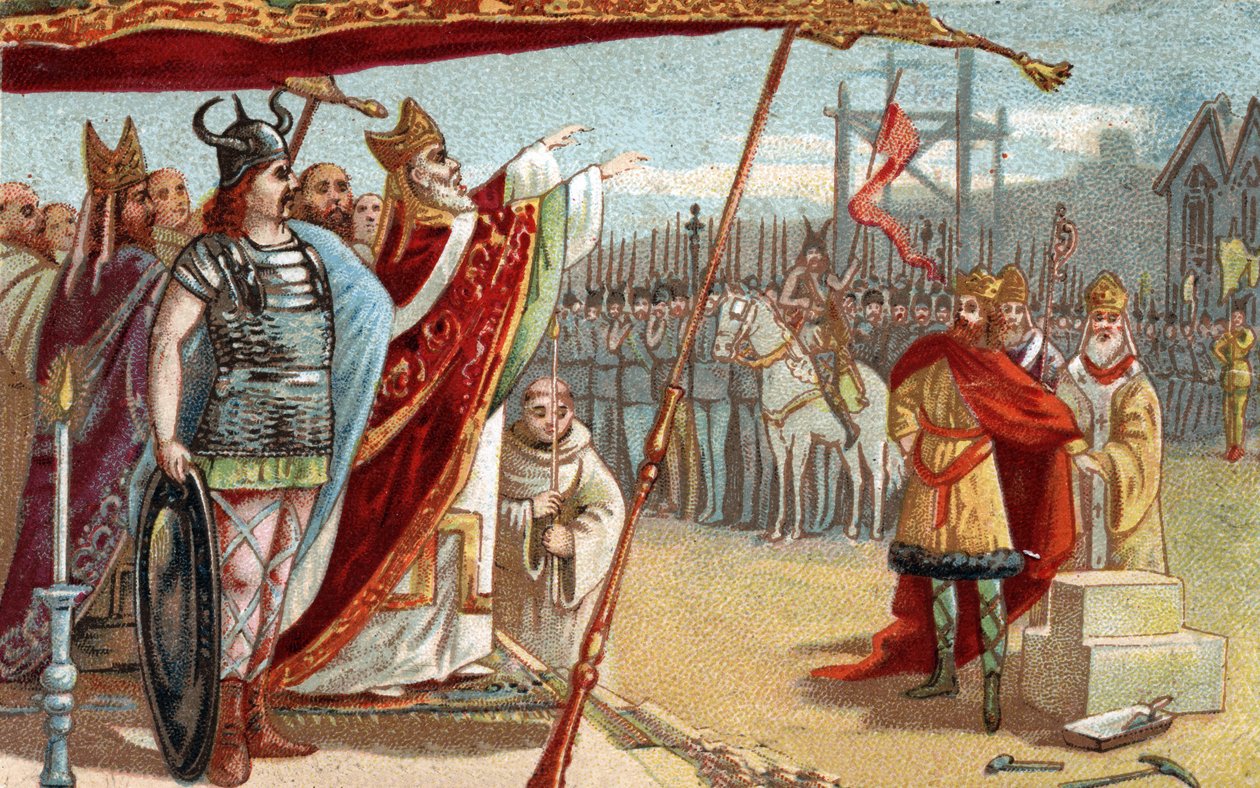 Re Dagoberto I (605-639), re merovingio dei Franchi, 629-634, posa la prima pietra della Basilica di Saint Denis (Saint Denis) alla presenza di Saint Eloi. Cromolitografia della fine del XIX secolo. da French School