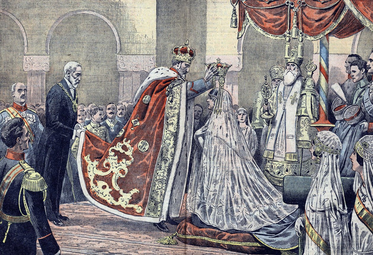 Il re Ferdinando I di Romania incorona la sua regina da French School