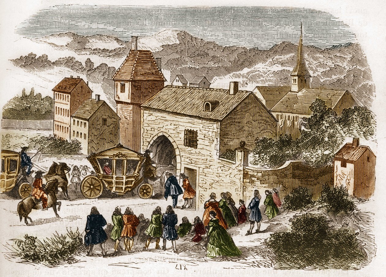 Il re Luigi XIV visita Mademoiselle de Fontanges a Port Royal intorno al 1680. Incisione in La storia della prostituzione e della depravazione tra tutti i popoli del mondo dall