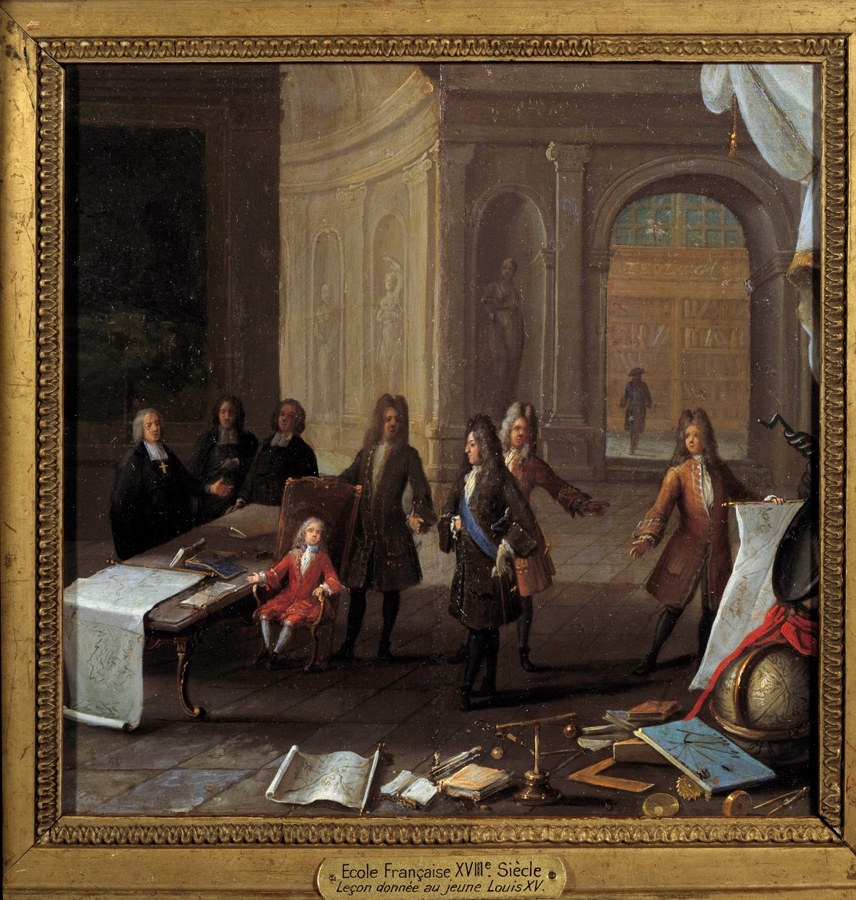 Re Luigi XV (1710-1774) bambino che riceve una lezione alla presenza del cardinale Fleury e del reggente Filippo II duca d