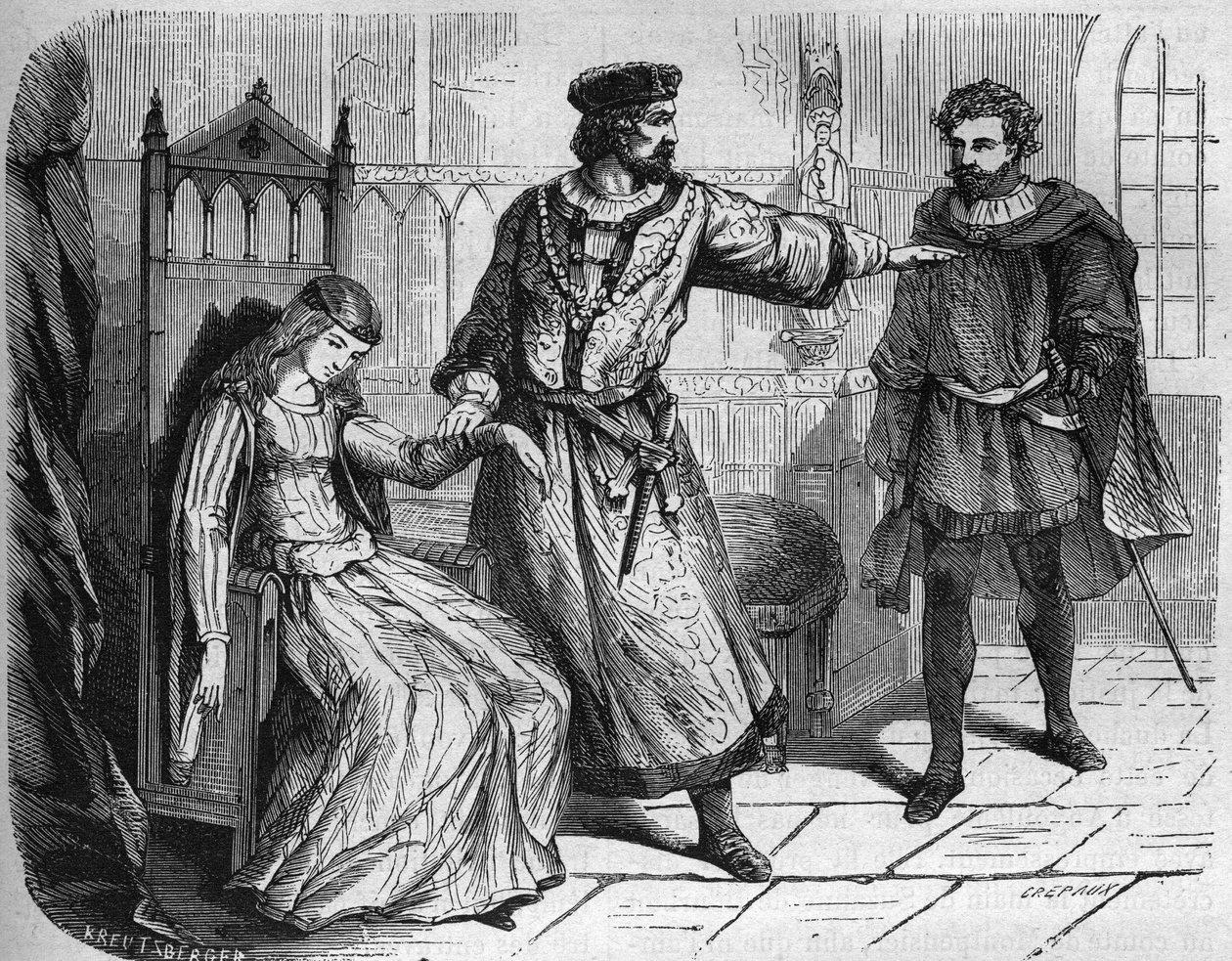 Re Filippo VI di Francia (Filippo di Valois) (1293-1350) e sua moglie Bianca di Navarra (v. 1333-1398). Incisione in 