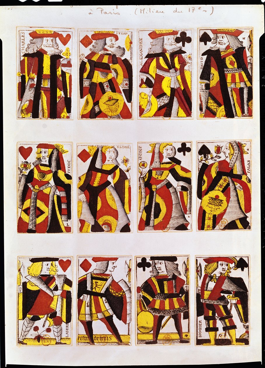 Re, Regina e Fante che giocano a carte (incisione colorata su legno) da French School