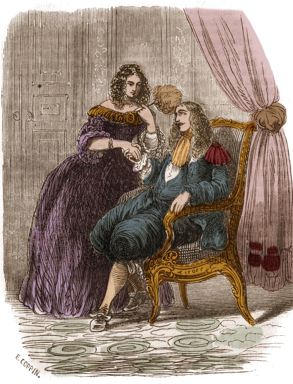 Re di Francia Luigi XIV (1638-1715) con Françoise Athénaïs di Rochechouart Mortemart, Marchesa di Montespan (o Madame de Montespan) (1640-1707). Incisione del XIX secolo. da French School