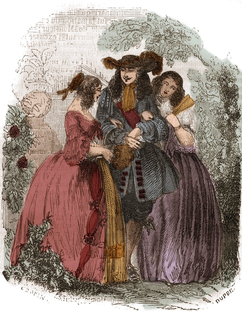 Re di Francia Luigi XIV (1638-1715) con Ortensia Mancini (1646-1699) e sua sorella Maria Mancini (1639-1715). Nipoti di Mazzarino. Incisione del XIX secolo. da French School
