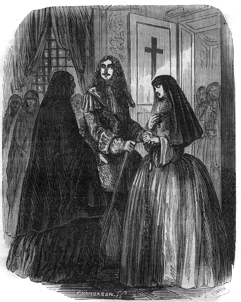 Re di Francia Luigi XIV (1638-1715) con Louise Françoise de la Vallière (1644-1710). Incisione del XIX secolo. da French School
