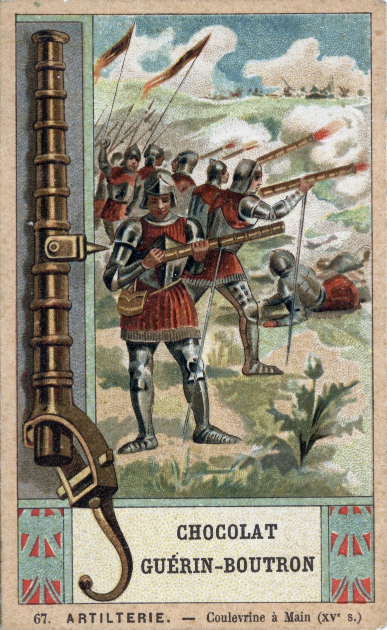Cavaliere che manovra una coulevrine a mano del XV secolo. Cromolitografia del XIX secolo dei cioccolati Guérin-Boutron. da French School