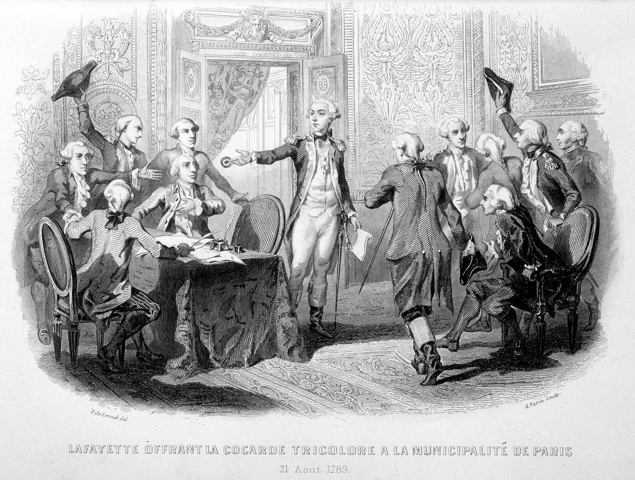 La Fayette offre la Coccarda Tricolore al Municipio di Parigi (31 agosto 1789) - in "Fastes de Gardes nationales de France" da French School