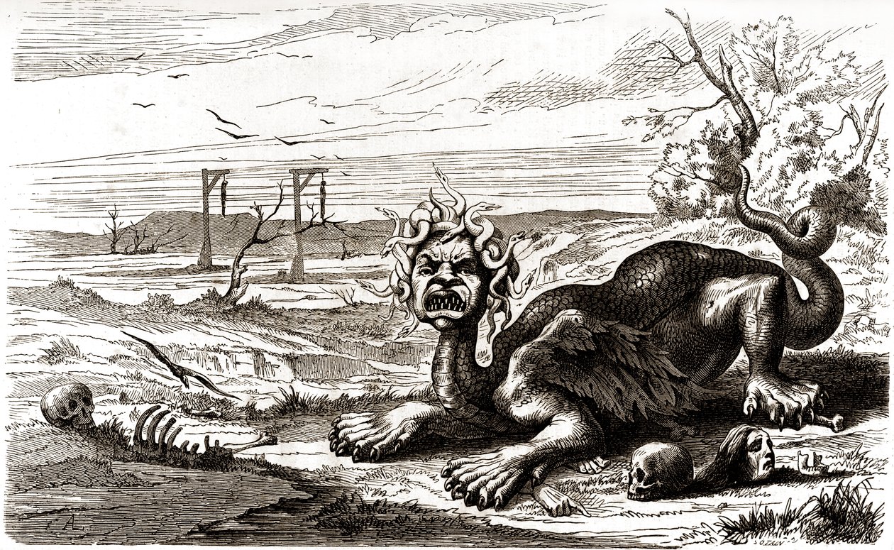 La Frond (1648-1653): un animale mostruoso con peli di serpente, si erge sopra cadaveri e scheletri umani da French School