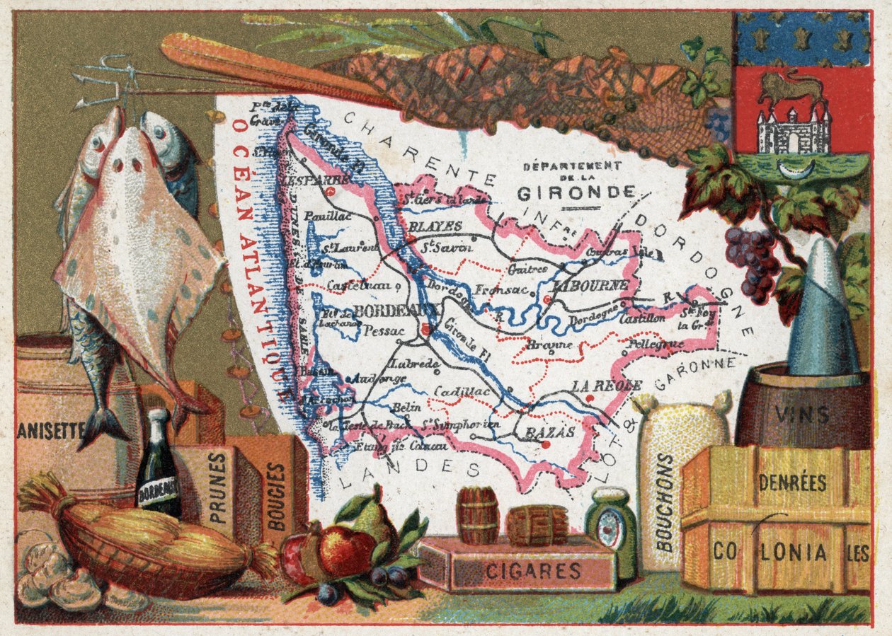 La Gironde (33), Aquitania, Francia. Specialità locale: pesce, anisetta, vino di Bordeaux, prugne, candele, sigari, tappi e cibo coloniale. Serie sui Dipartimenti Francesi. Cromolitografia "il filo geografico", circa 1920. Collezione privata da French School