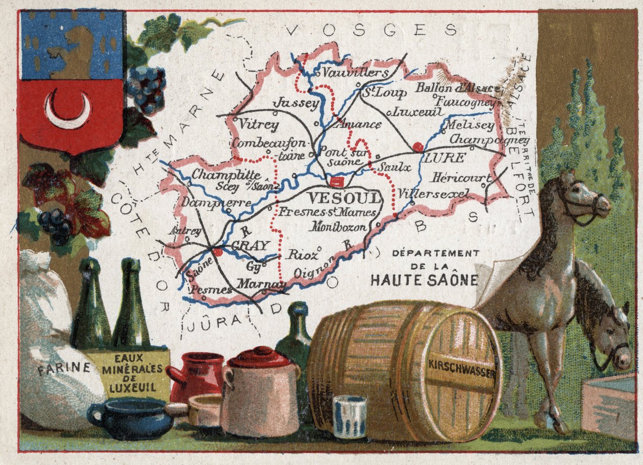 La Haute-Saone, Franca Contea, Francia. Farina, acque minerali di Luxeuil, kirschwasser. Serie sui Dipartimenti Francesi. Cromolitografia 