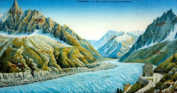 La Mer du Glace, Aiguille du Dru e stazione di Montanvers, c.1900 da French School