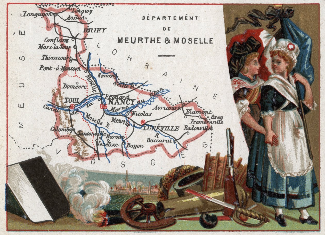 La Meurthe et Moselle (Meurthe-Et-Moselle, 54), Lorena, Francia. Ritratto di due donne rivoluzionarie. Serie sui Dipartimenti Francesi. Cromolitografia "il filo geografico", circa 1920. Collezione privata da French School