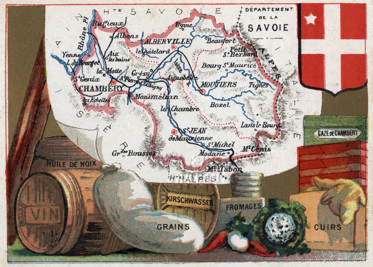 La Savoie (73), Rodano Alpi (Rhone-Alpes), Francia. Serie sui Dipartimenti Francesi. Specialità locale: olio di noce, vino, cereali, kirschwasser (kirsch), formaggio, garza di Chambéry e cuoio. Cromolitografia "il filo geografico", circa 1920. Collezione p da French School